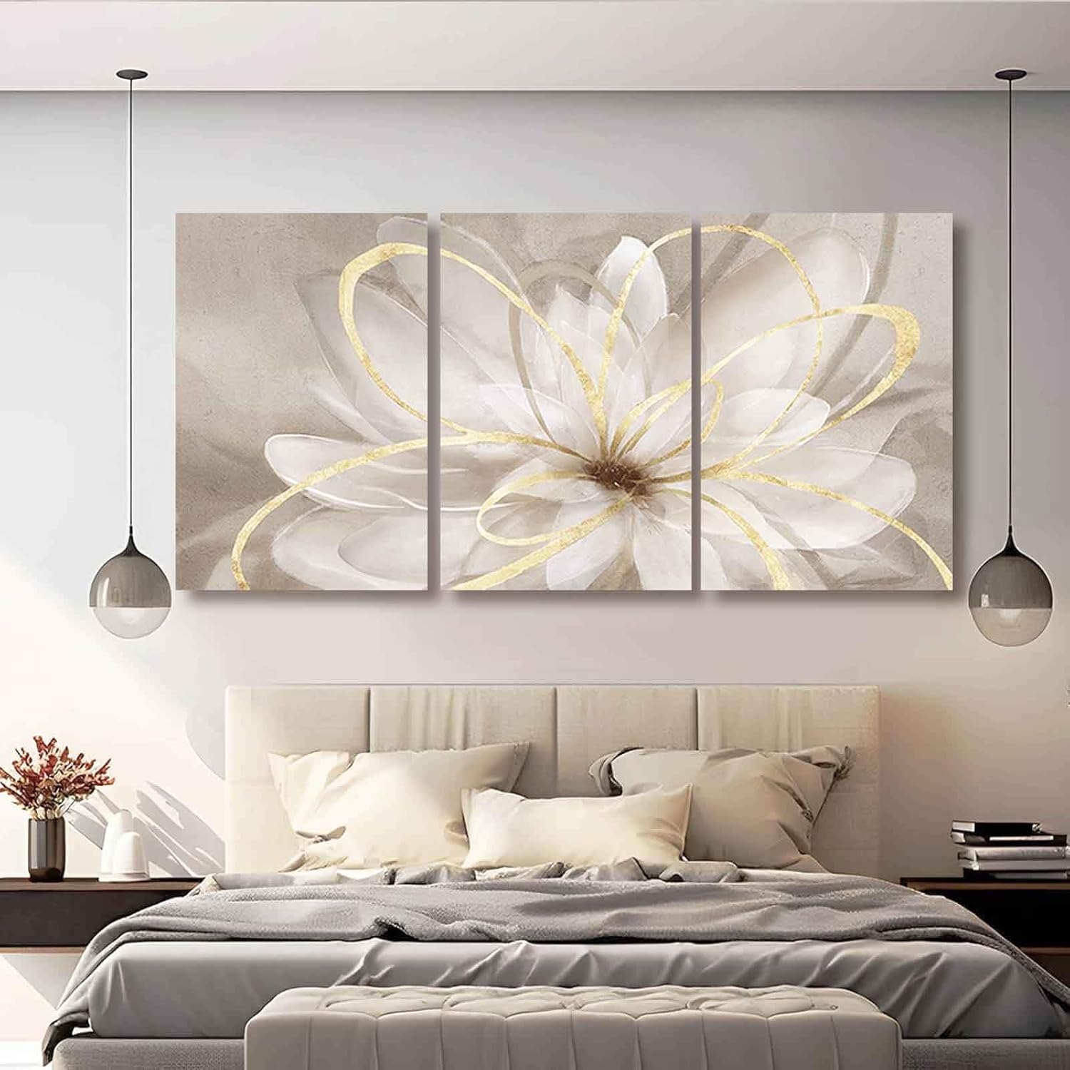 Kureful Large Pictures for Living Room Neutral Wall Art Artwork for Walls Canvas Art Gold Flowers Wall Decor for Girls Women Room Decor 24"x 36"x 3