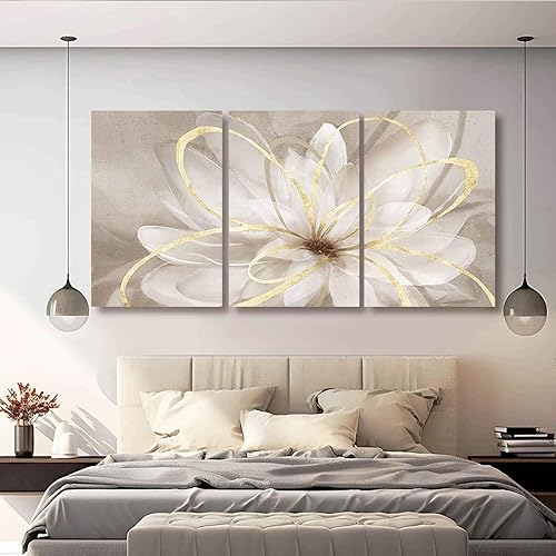 Miniatura 3 de Kureful Imágenes grandes para sala de estar, arte de pared neutro para paredes, lienzo, flores doradas, decoración de pared para niñas y mujeres,