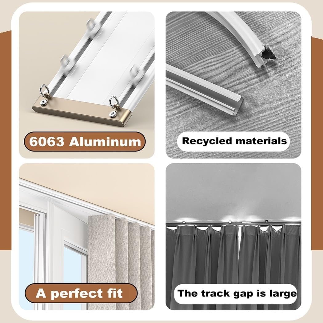 70-600cm Conjoined Double Track Rail Ultra-thin Track Curtain System Ceiling Mounted, Curtain Rails Drop Ceiling Curtain Track Set, Aluminium Alloy Sliding Curtain Rail(Champagne,200CM (6.6FT))