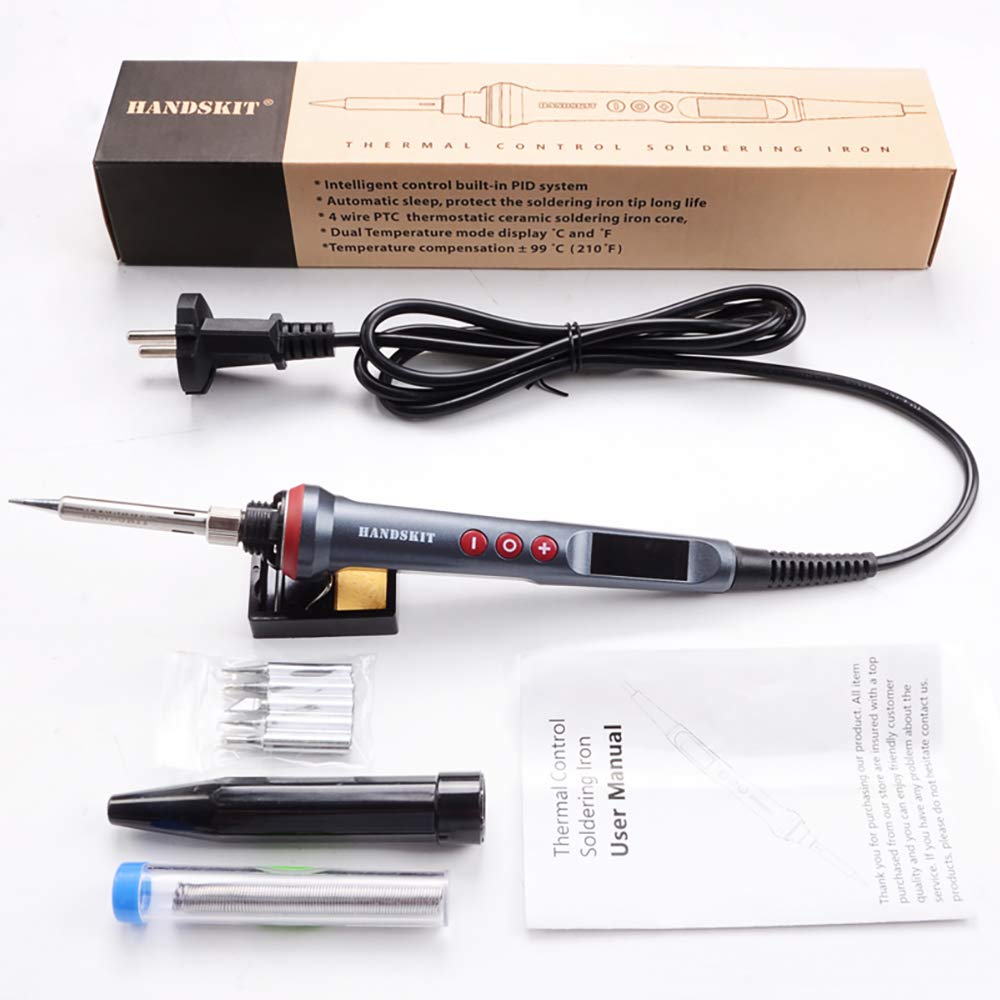 HANDSKIT Fer à Souder Précision 90W, Température Réglable de 180 à 480℃, Fer à Souder LED Électronique, 5 Pointes de Soudure, Support et Fil de Soudure pour DIY, Fer à Souder Étain et Électrique