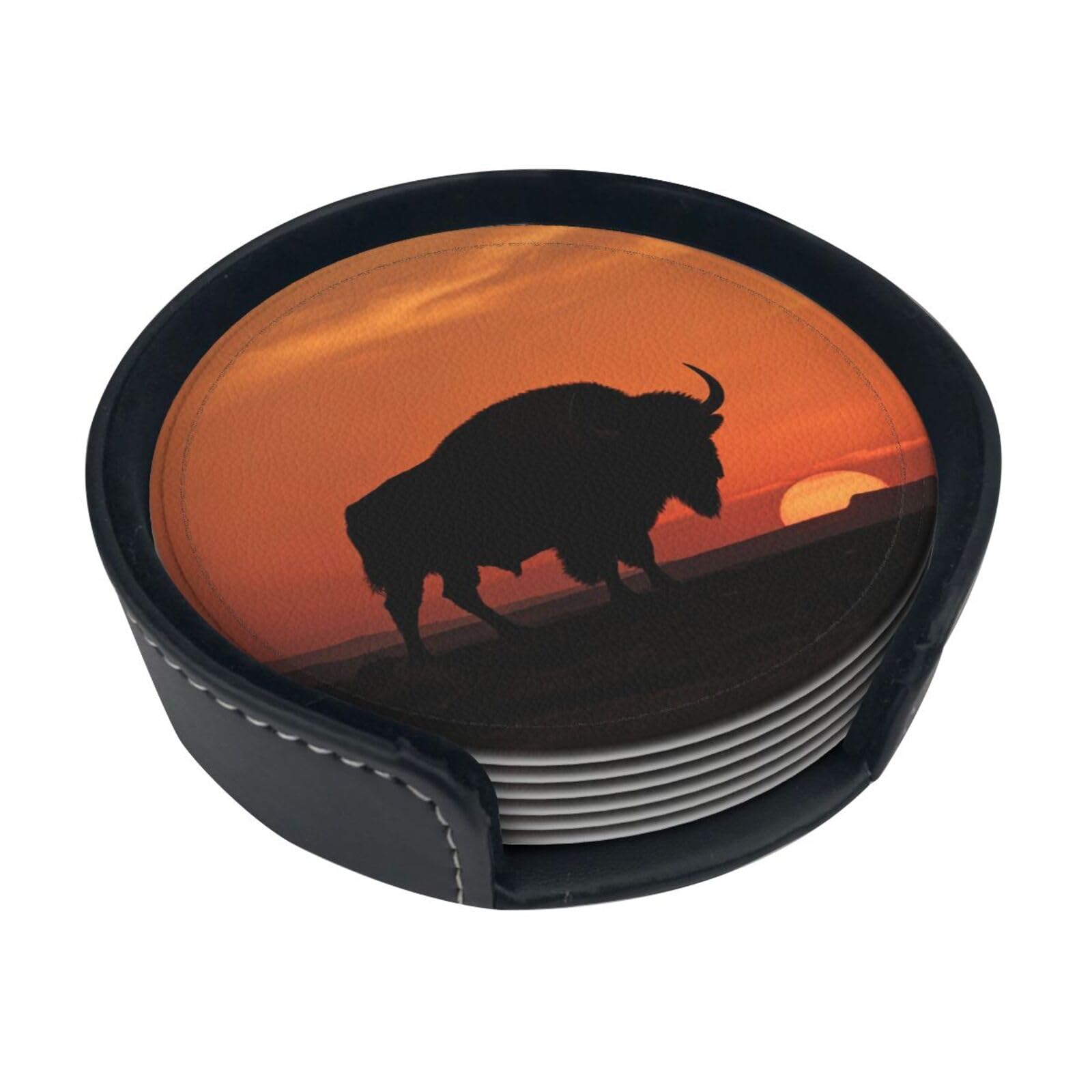 Bison Sunset Silhouette Leather Coasters-Set of 6 with Storage Holder