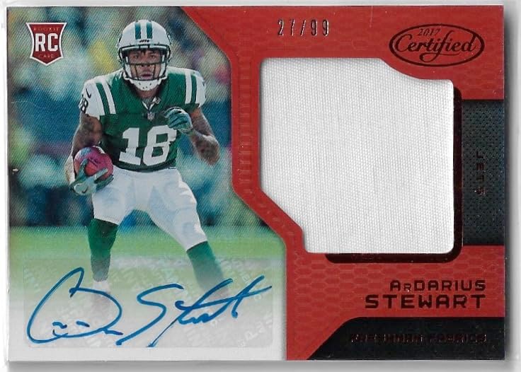 ArDarius Stewart Autographed & Serial Numbered #27/99 Red Parallel Freshman Fabrics Rookie Card Game Used Relic Memorabilia RPA Auto Collectible Football Card - 2017 Panini Certified Football Card #220 (Jets)