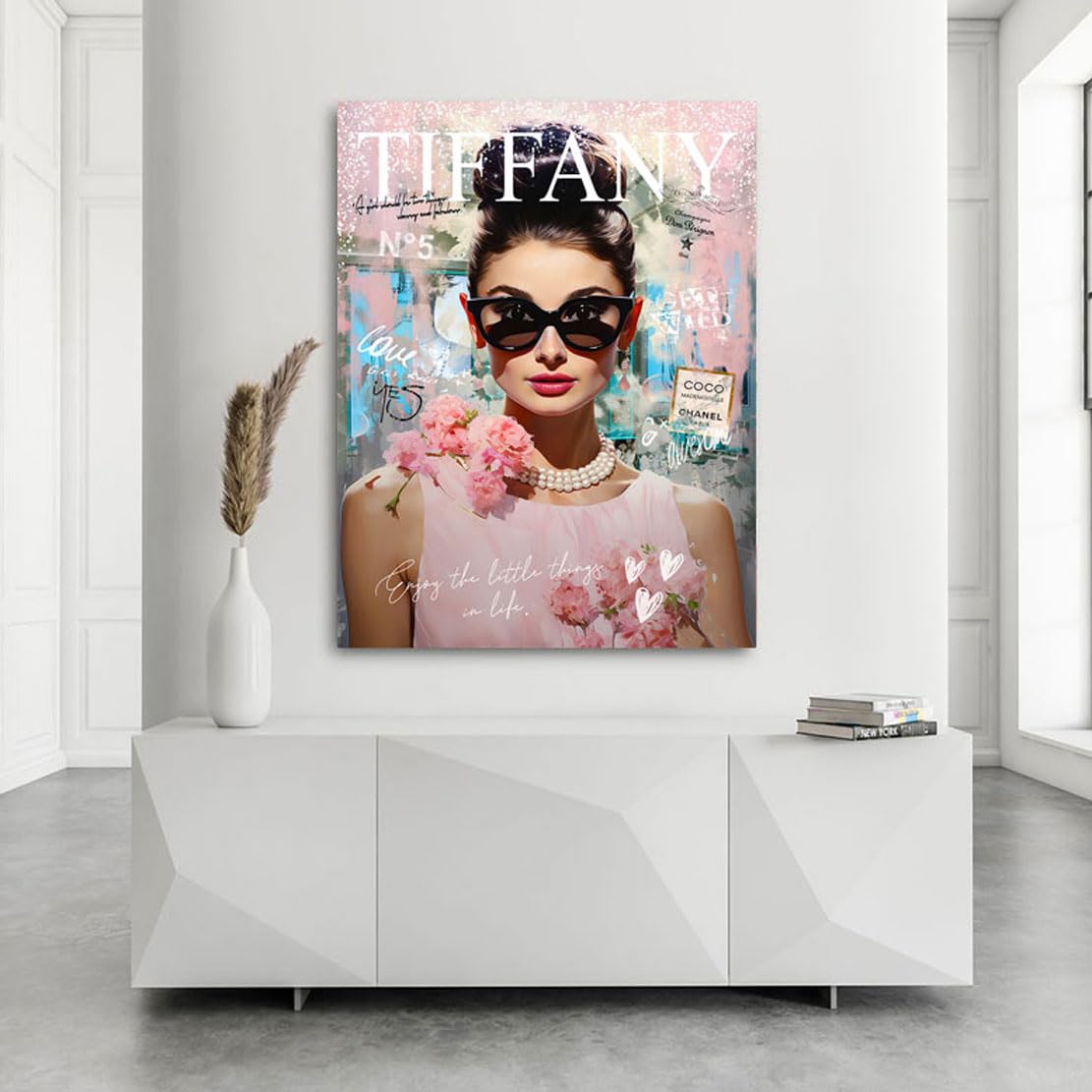 Kunstgestalten24 | Audrey Hepburn Tiffany Pop Art Leinwand-Bild | Leinwandbild mit Echtholz-Keilrahmen | Wandbild Gemälde Kunst Art | Hochwertige Kunstdrucke | XXL Bilder auf Leinwand | 90x120x4cm