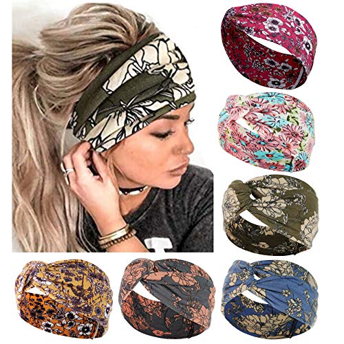 6PCS Boho Headbands for Women Criss Cross Knotted Hair Bands Elastic Floal Twist Head Wrap Turban Hair Accessories for Yoga Running