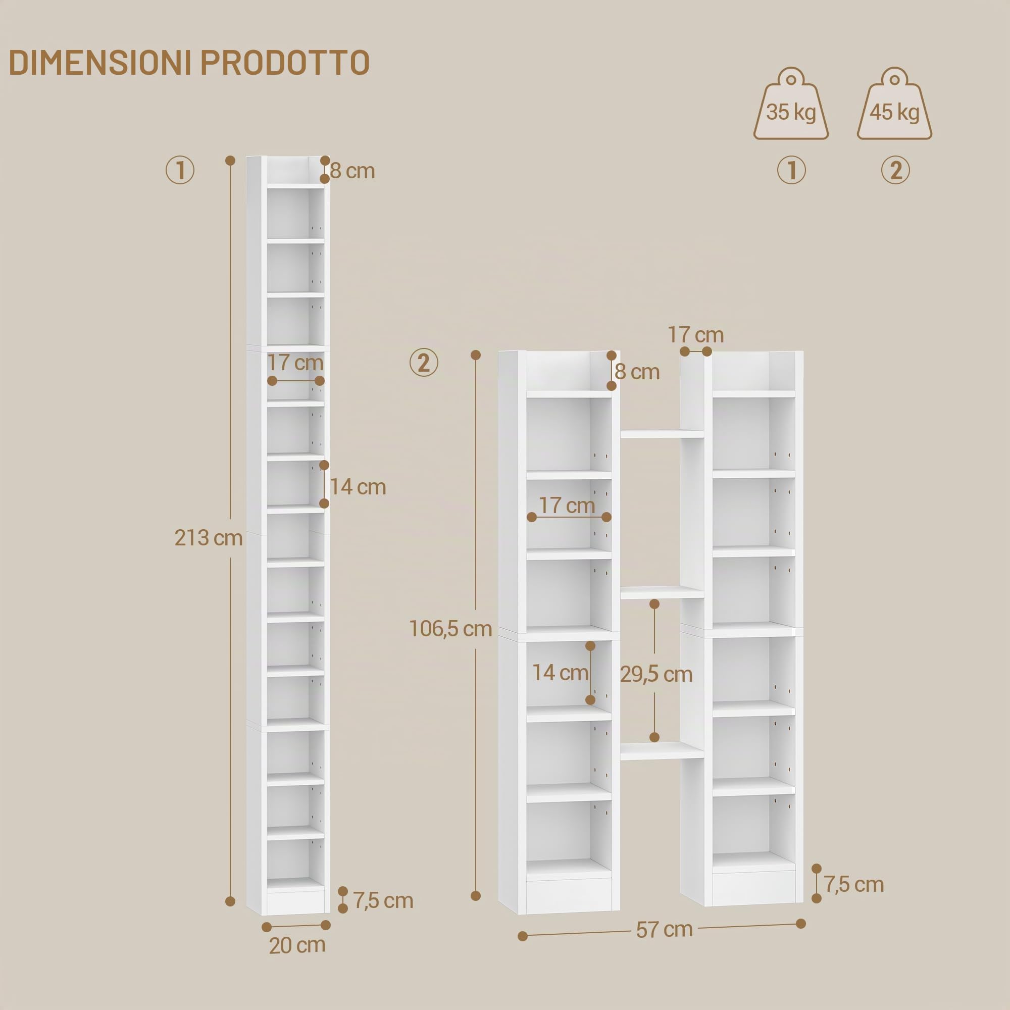 Hzuaneri Porta CD DVD a Colonna, 272 CD, 14 Ripiani Regolabili, Supporto di Archiviazione, 17 x 20 x 213 cm, Mobile Libreria Alto Salvaspazio per Soggiorno, Studio, Bianco CR21403XV1