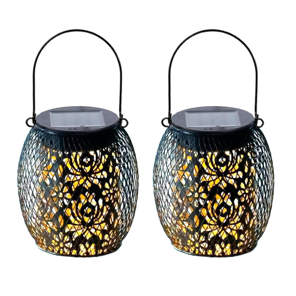 Yofhpt Black 2 Pcs Metal Hanging Solar Lantern, Metal Garden Lanterns Solar Powered, Waterproof Outdoor So-Lar Lanterns, Hanging Sol-Ar Lante-Rns Outdoor Garden For Patio Porch Pathway Balcony