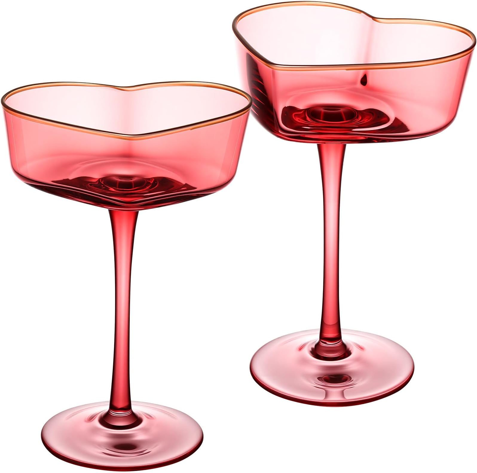 2 Pcs Heart Shaped Coupe Glasses - Martini Glasses with Golden Rim - 8 oz Coupe Glasses Cocktail Glassware Set for Wedding, Mothers Day, Birthdays, Anniversary (Red)