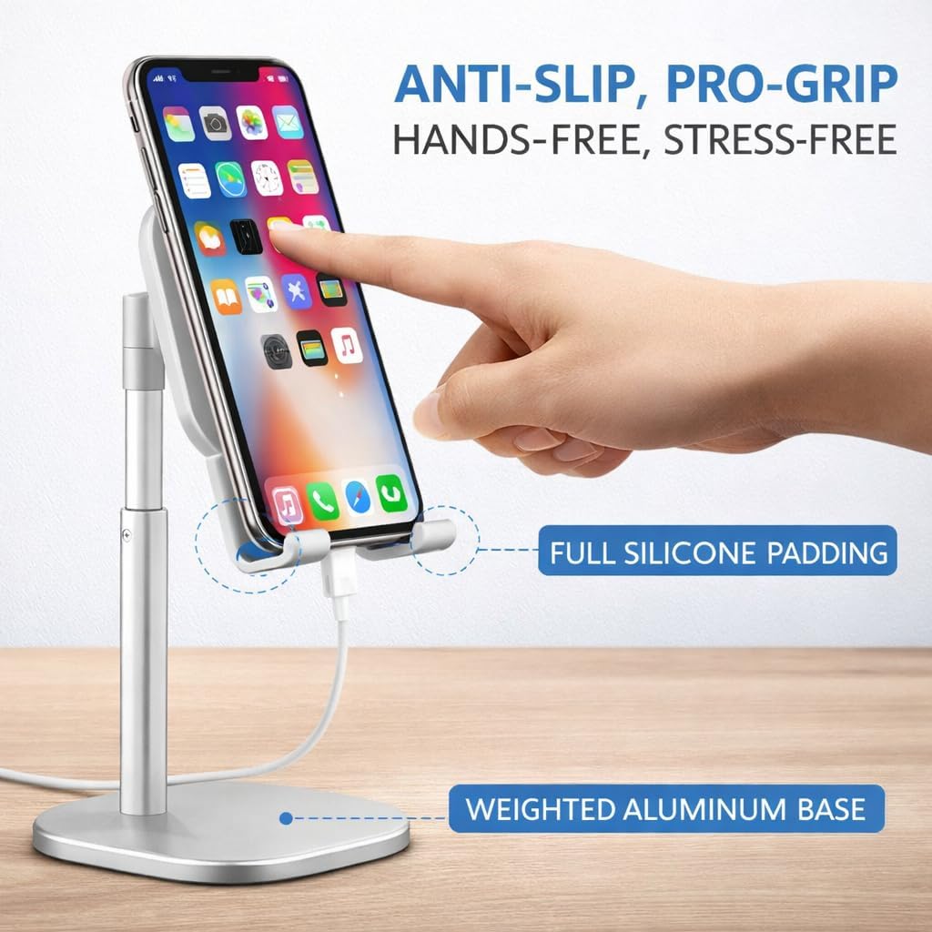 Mizi Cell Phone Stand - Adjustable Angle & Height Desk Phone Holder Dock Compatible with iPhone 17/16/15 Pro Max, Samsung Galaxy, iPad, Switch & All Smartphones (3.5–10 Inch) - White image 4