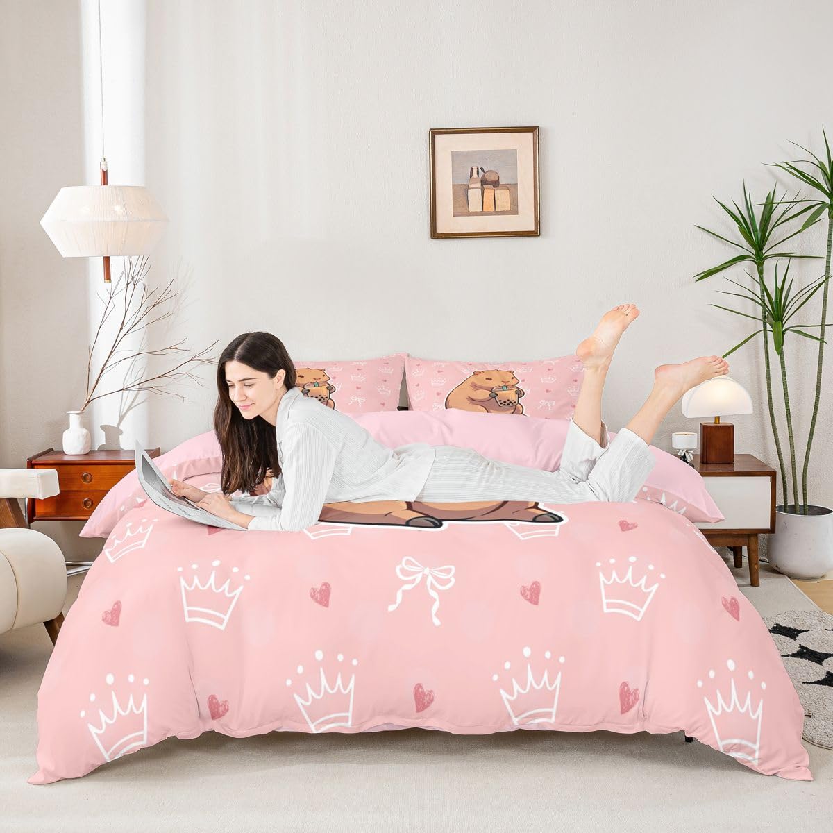 Loussiesd Sweet Heart Super King Capybara zestaw pościeli dla dzieci korona poszewka na kołdrę kawaii zwierzę poszewka na kołdrę 3 szt. różowy wystrój pokoju