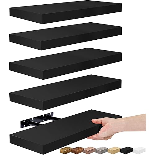 Sorbus Floating Shelves for Wall, Bathroom Shelves Wall Mounted for Kitchen, Bedroom, Living Room, Bathroom Storage, Over Toilet, Hanging Book Shelf for Ｗall Home Decor (Black, 5 Pack)