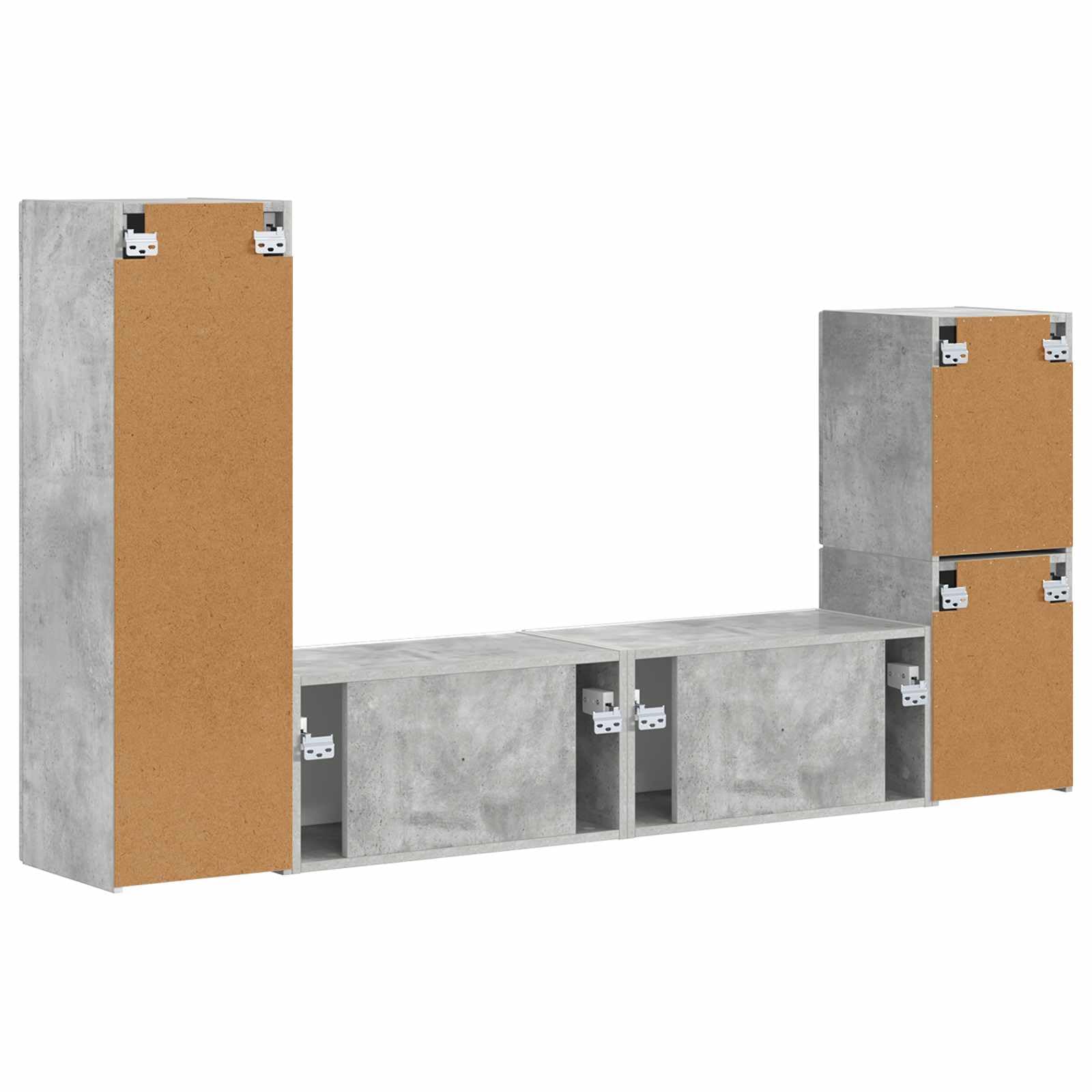 TV-Schrankset Wandmontiert 4-teilig, Beton Grau Holzwerkstoff, Modernes Media Center für Wohnzimmer, Elegantes Design mit Viel Stauraum