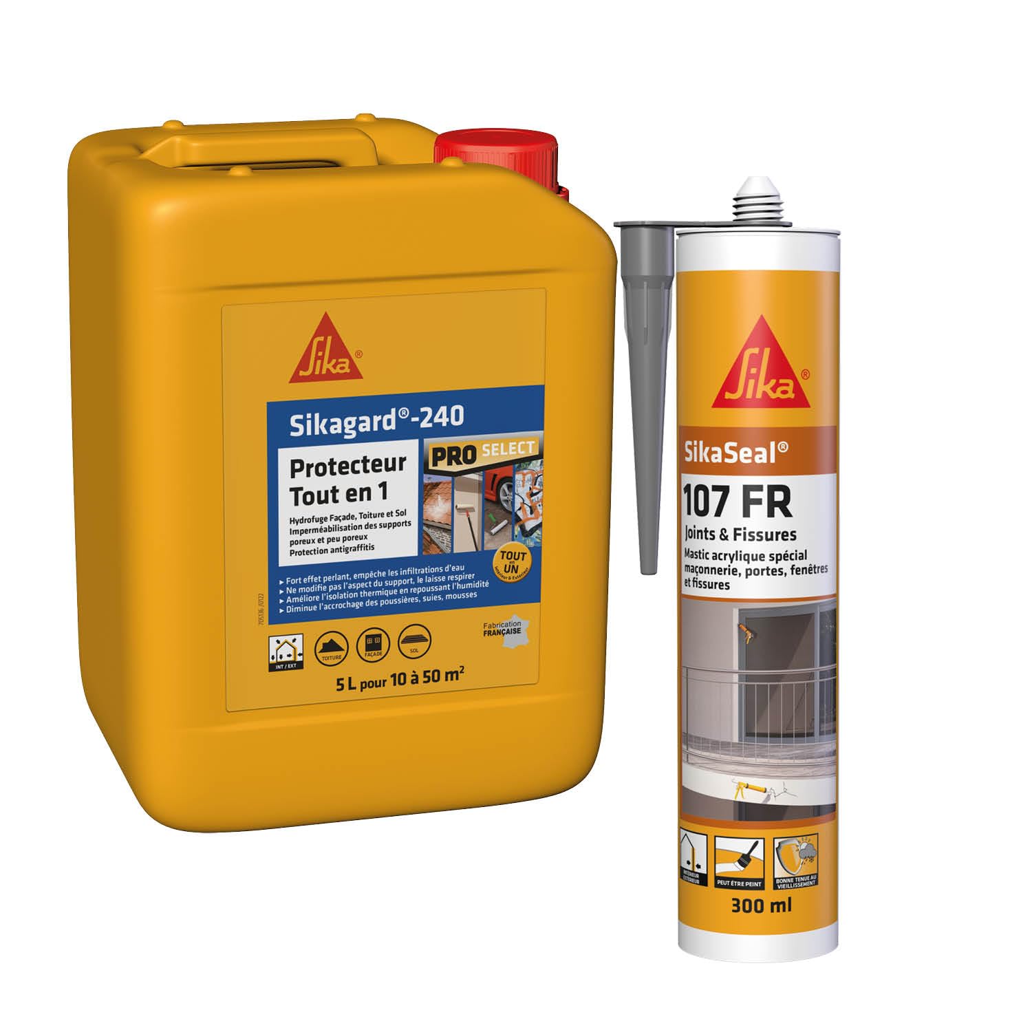 Sikagard Protection Tout en 1, Protection hydrofuge façade, toiture et sol pour matériaux poreux et peu poreux, 5L & 107 Joint et Fissures Gris, Mastic acrylique professionnel multi support, 300ml