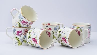 GOLDEN QUEEN'S Tea And Coffee Mugs - Set Of 6 (Pink & White Gold Line) - Bone China, 220 Milliliter