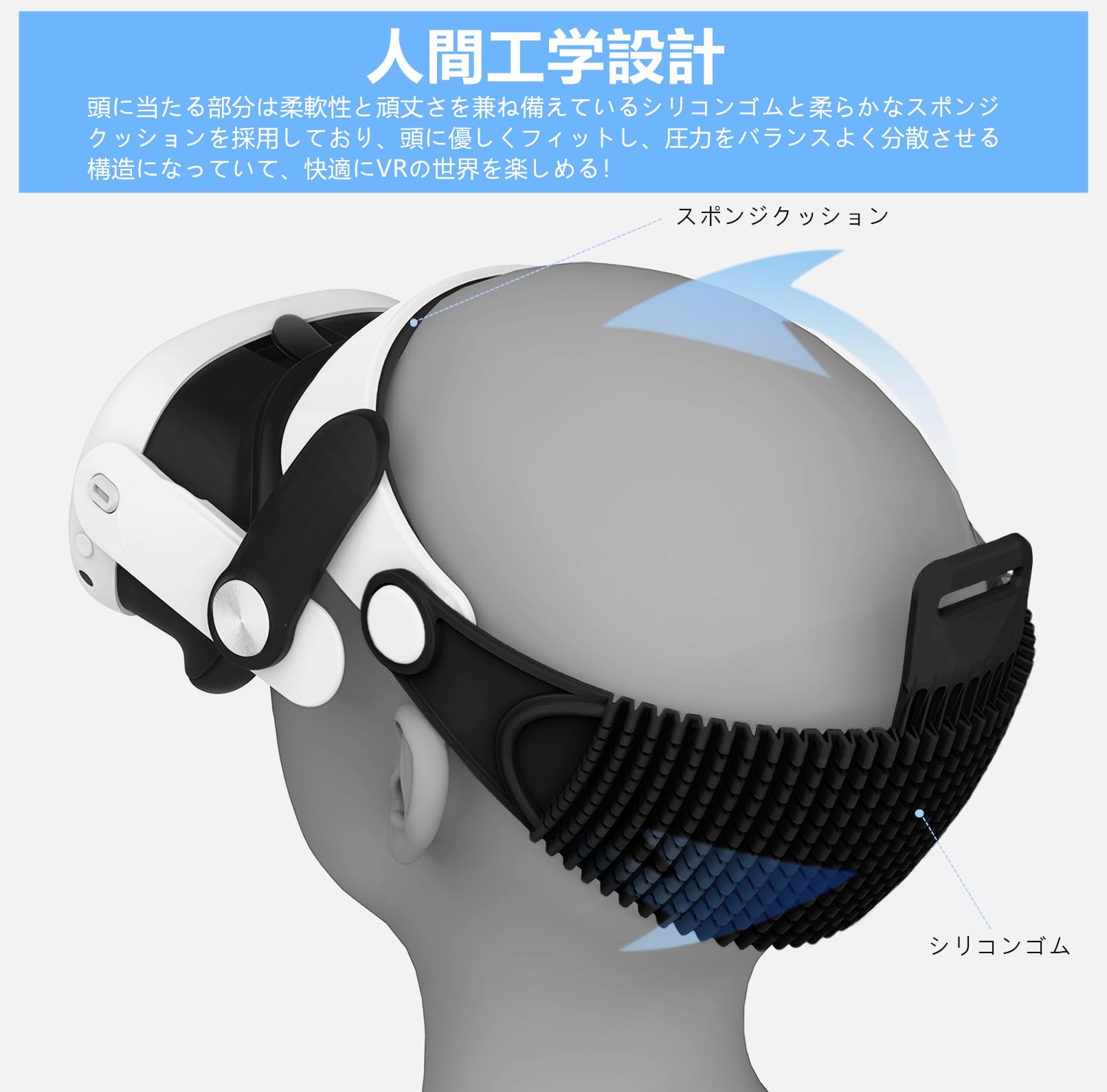 SHEAWA for Meta Quest 3S/3 ヘッドストラップ ヘッドバンド 重みを減少 圧力分散 寝ながらVR 快適 シリコンゴム 互換品 アクセサリー (ブラック) - 2
