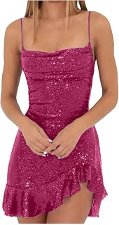 NaRHbrg Womens Spaghetti Straps Sequin Homecoming Dresses Ruffle Hem Cocktail Party Dress Sexy Short Backless Gowns