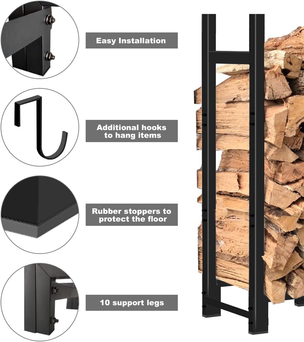 8ft Firewood Rack Outdoor Adjustable Heavy Duty Wood Rack Fire Wood Holder for Indoor Storage Fireplace Metal Lumber Organizer Stand Stacker, Black