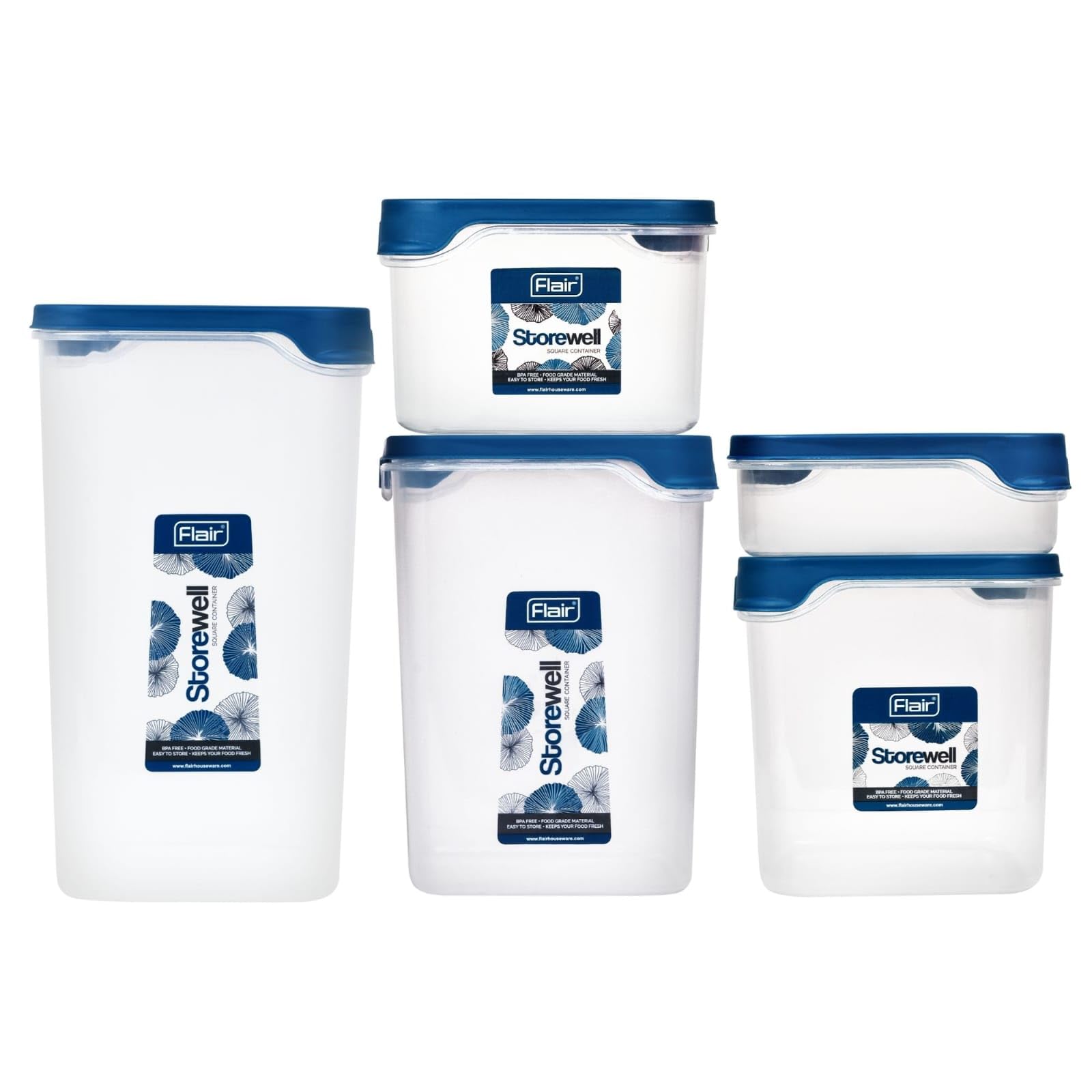 FLAIR Storewell Square Plastic Food Storage Container Set, Airtight Kitchen Containers for Rice, Atta & Grains, BPA-Free, Food Grade Storage Boxes (Blue, Set of 5 (0.55L, 1.15L, 1.8L, 2.4L, 3L))