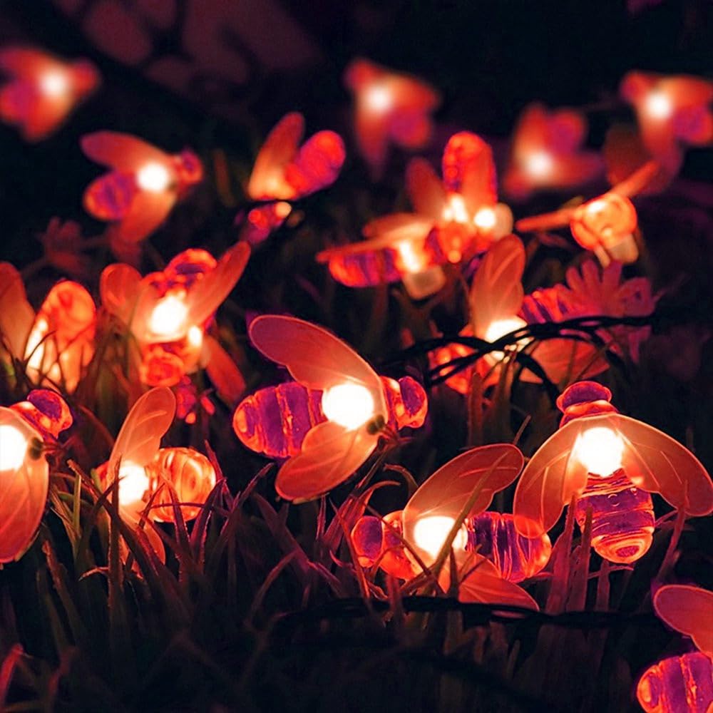 OKQYIMAQQ Solar Honeybee String Lights Outdoor, 12m 100LED Solar Bumble Bee String Lights Waterproof 8 Mode for Garden Yard (Red)