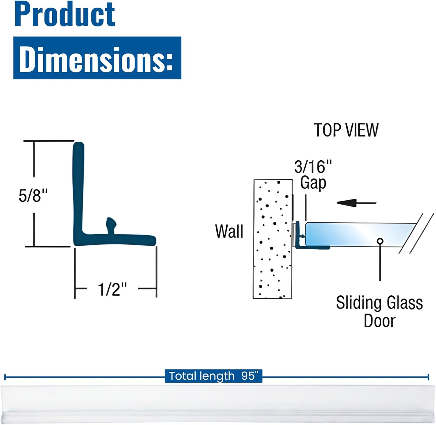 KC Hardware L-Shape Jamb Seal Bumper, Shower Door Bottom Seal for 3/8" and 1/2" Shower Doors - 95" Length