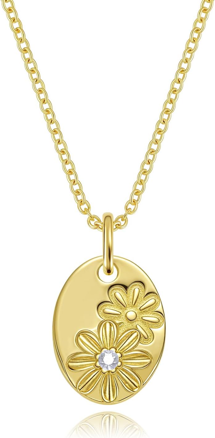 14k Gold Plated Birth Flower Necklace for Women, 925 Sterling Silver Oval Medal Pendant with Birthstone, Minimalist Floral Charm Jewelry, Anniversary Birthday Gift for Her Mom Wife Friends