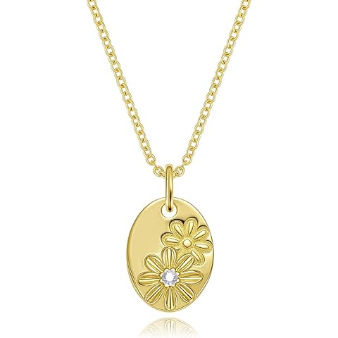 14k Gold Plated Birth Flower Necklace for Women, 925 Sterling Silver Oval Medal Pen...