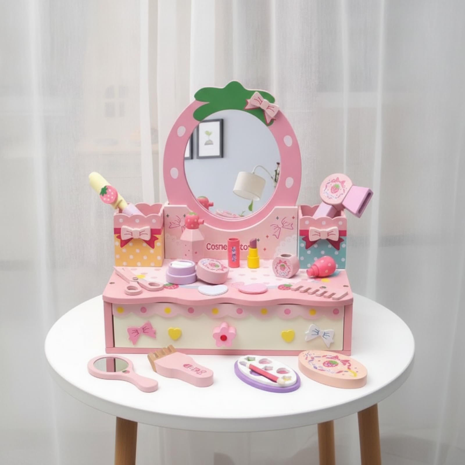 Tocador de Juego Infantil Tocador de Juguete Mesa de Maquillaje Espejo Almacenaje con Cajones Madera Robusta Tamaño de Habilidades Finas y