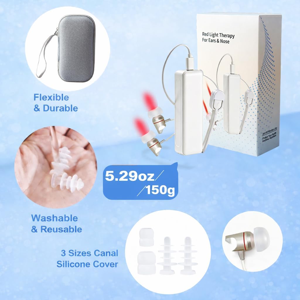 2026 Upgraded 2-in-1 Red Light Therapy Device for Ears & Nose – 650nm Red Light to Relieve Ear Discomfort & Support Hearing, Soft Silicone Tips, Portable Storage Case