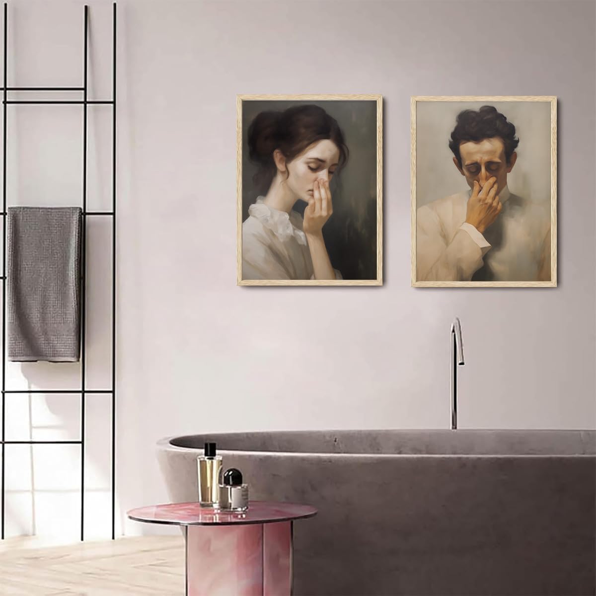 WOKAOGO 2 Piece Framed Bathroom Wall Art Vintage Pictures Wall Decor Mid Century Canvas Art Humor Classical Toilet Bad Smell Poster Prints Amusing Lady Man Painting Gift