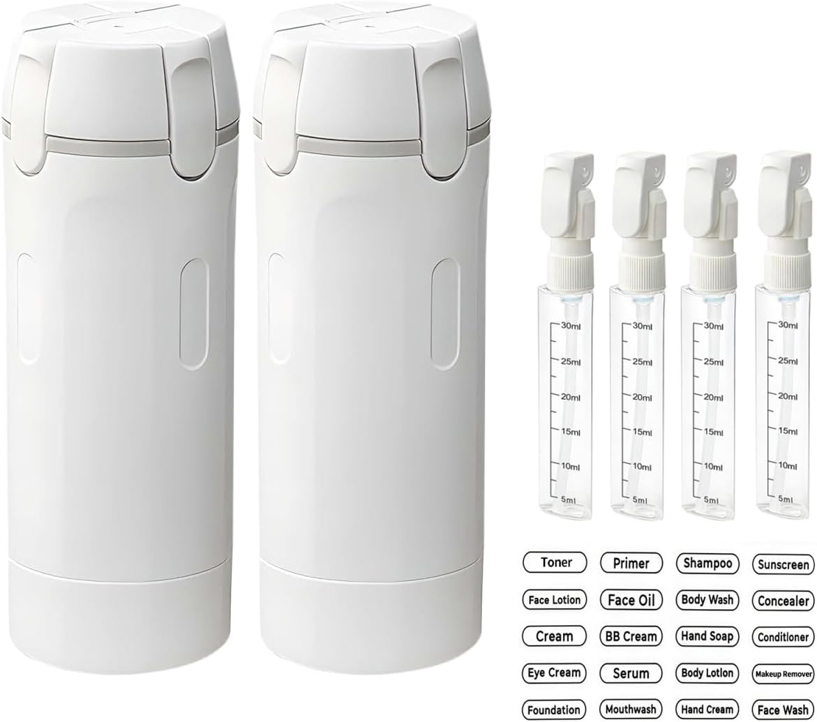 2 Pcs 4 in 1 Travel Dispenser Bottle,4 Pack 30ML Travel Bottles for Toiletries,Leak Proof Travel Size Containers with Scale and Label,Portable for Shampoo Lotion Conditioner Cream(White)
