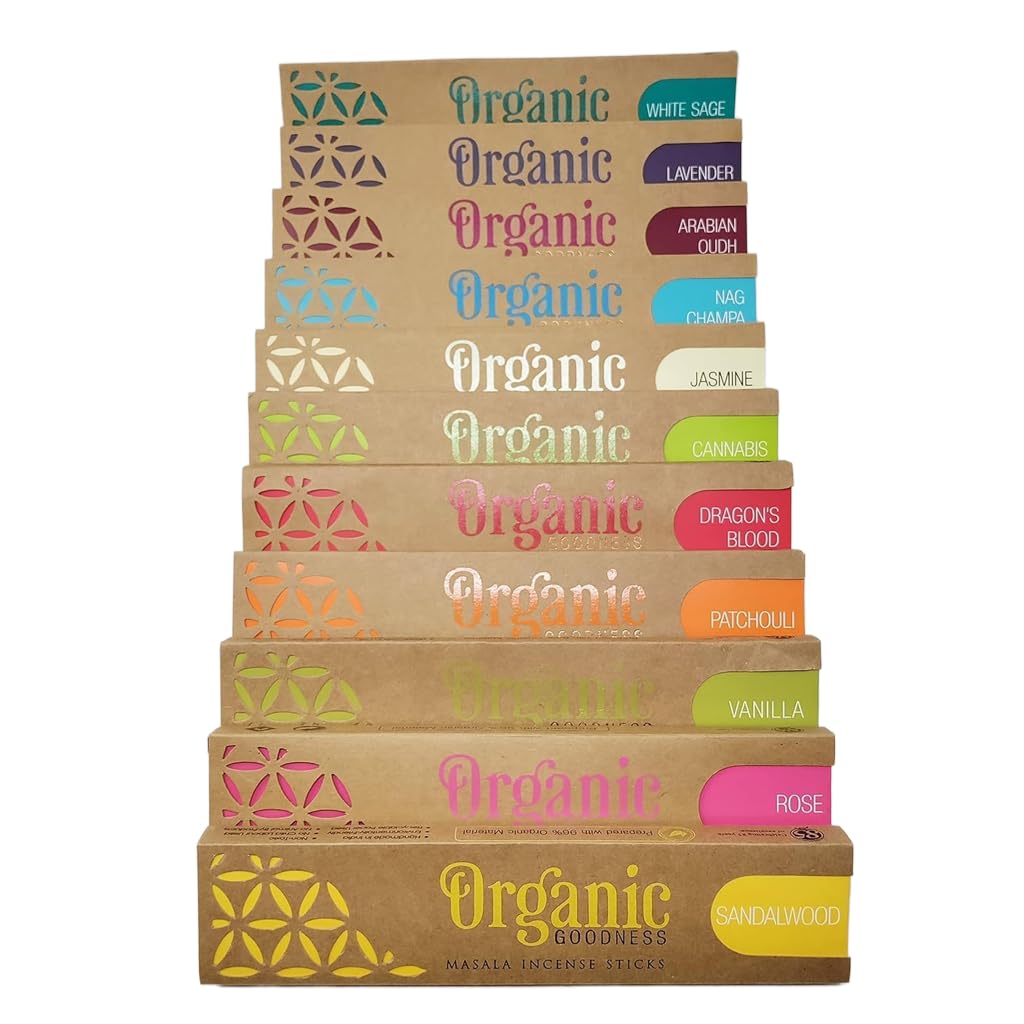 Jrose Collections Multicolor Organic Goodness Masala Incense Sticks Set – 12 Fragrances, 15G Packs (Approx. 15 Sticks Each) With Jrose Wooden Incense Burner – White Sage, Rose, Patchouli, Olibanum, Botanical Green Aroma & More
