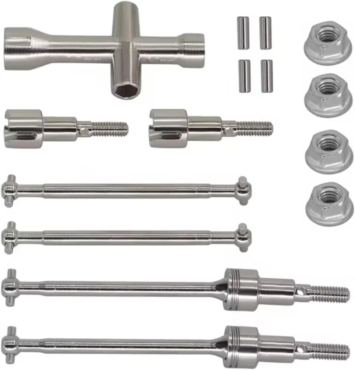 Complete set of SERBNOPG metal RC car drive shaft components including CVDs, output cups, nuts, pins, and a cross wrench.