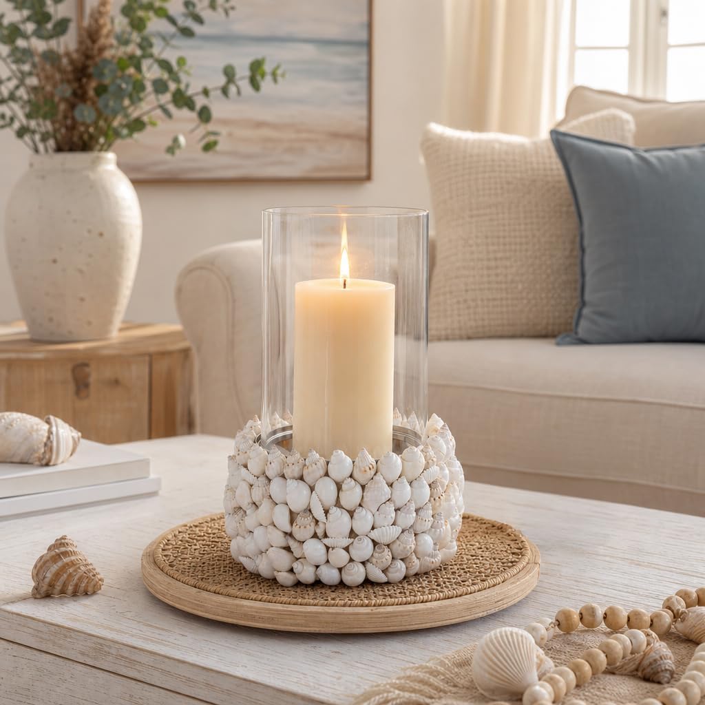 Sagebrook Home Elegant Seaside Shell & Glass Candle Holder Decor Piece
