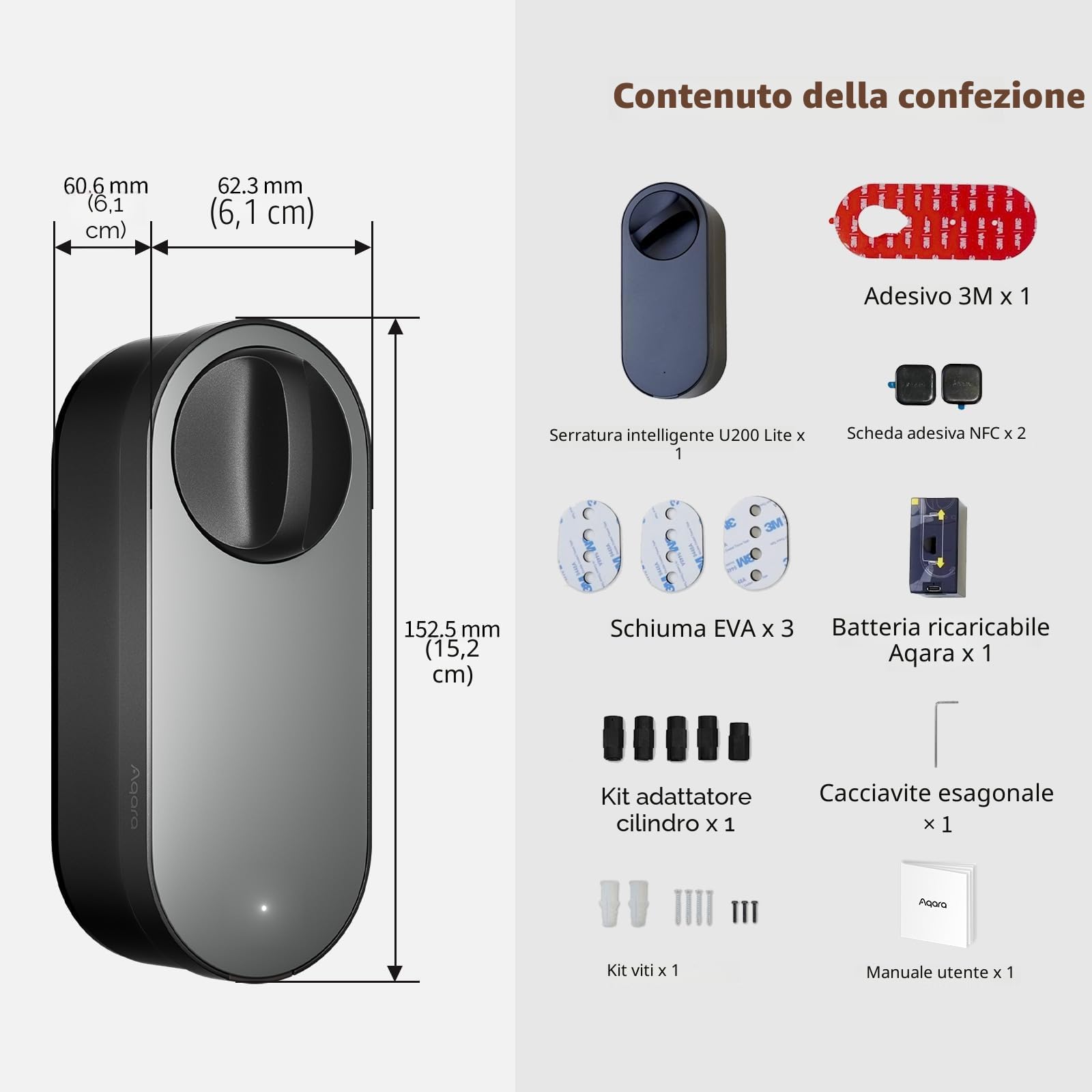 Aqara Serratura Smart U200 Lite, Matter over Thread, Blocco Automatico, Batteria Ricaricabile, Compatibile Cilindri a Profilo Europeo, Supporta Homekit, Home Assistant, Google Home, Alexa, Bianco
