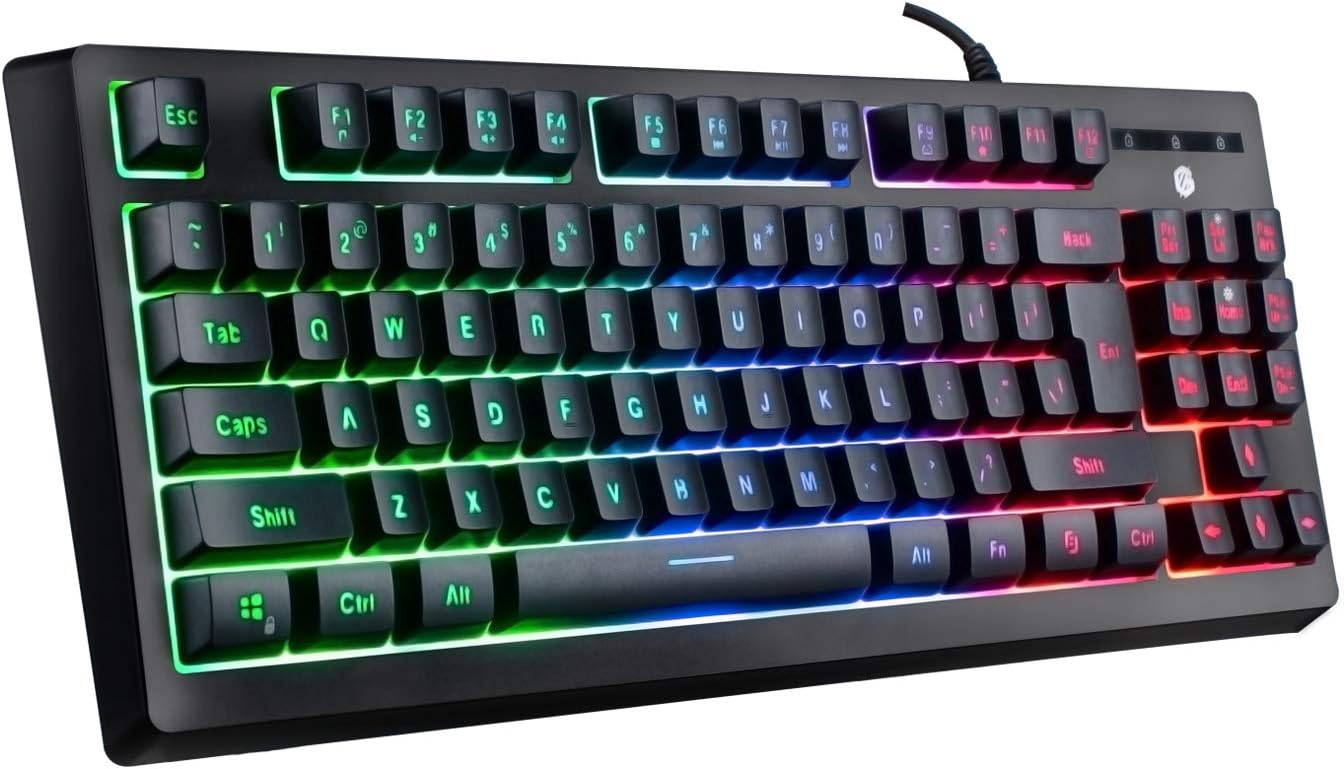 RGB Gaming Keyboard, TKL Keyboard LED Backlit Illuminated Computer Keyboard USB Wired Membrane Keyboard with Water-Resistant and Adjustable Lighting for PC Laptop Gamers, Black (RGB 87key)