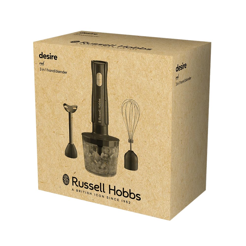 Russell Hobbs Mixeur plongeant [3 en 1 : mixeur, fouet, hachoir] Blender Rouge (bol 600 ml, smoothies, soupes, sauces, dips, lames en acier inoxydable, lavables au lave-vaisselle, sans BPA) 27142-56