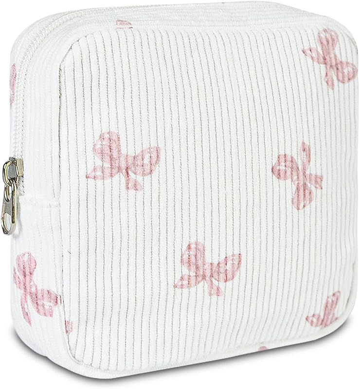 Necessaire de veludo cotelê com zíper AMZMA, estampa laço rosa, 1 unidade