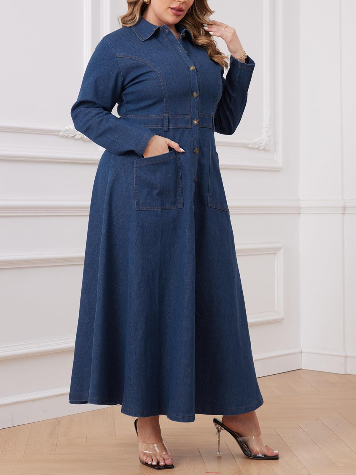 Vestido largo de mezclilla de manga larga, cuello con botones en la cintura, cinturón, acampanado, vestido de mezclilla