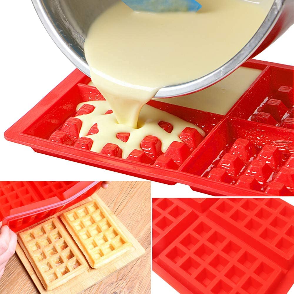 First Try 2 Pack Silicone Waffle Mould for Baking Non Stick Square Heart Shaped Waffles Bakeware Tool Red (Round and Rectangle) 4