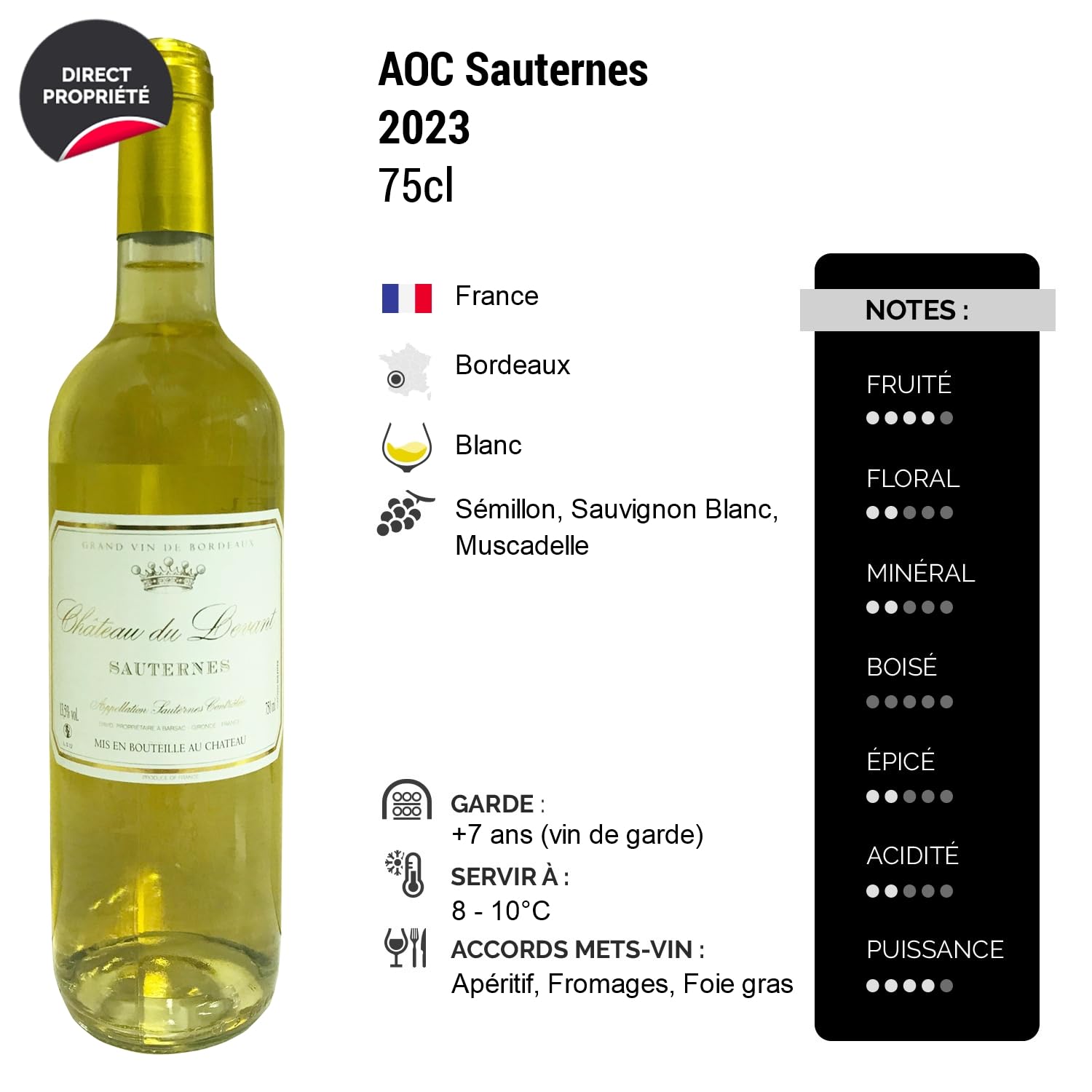 Château du Levant Sauternes - Blanc 2023 - Vin Blanc de Bordeaux (3x75cl) Moelleux