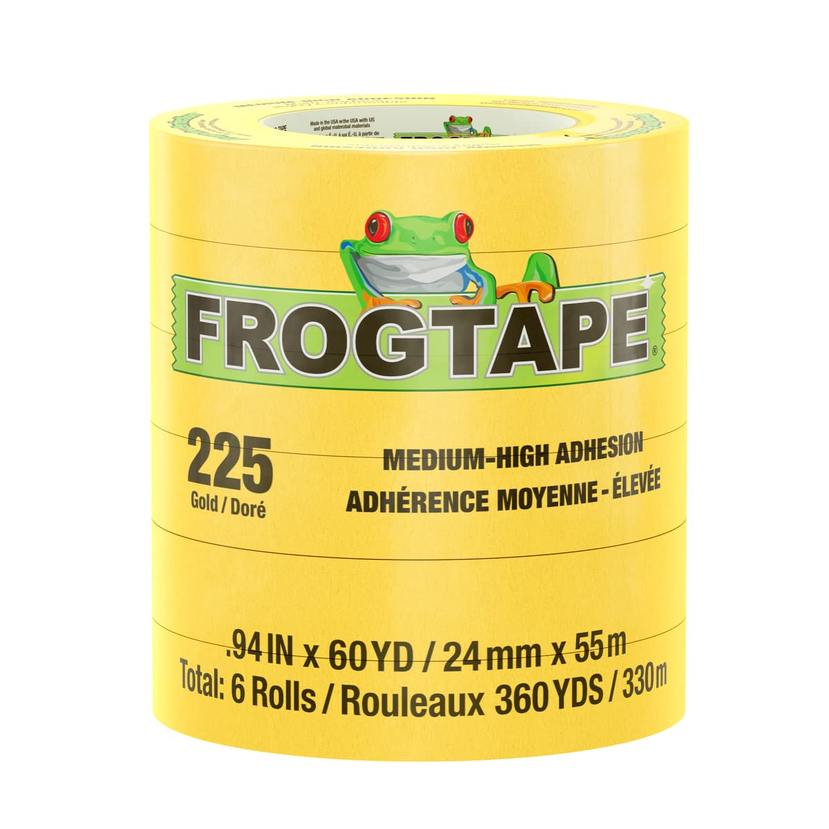 FrogTape 225 Gold Performance Grade Taśma maskująca [Średnio-wysoka przyczepność]: 2,4 cm x 60 jardów (złoty) / 6-pak