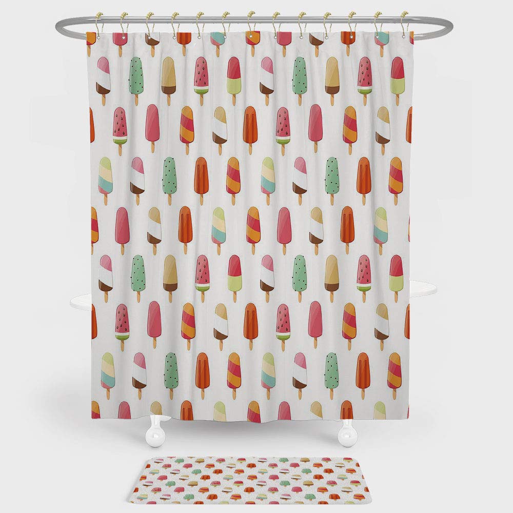 iPrint Ice Cream Decor Shower Curtain And Floor Mat Combination Set Watermelon Kiwi Orange Cherry Chocolate Flavor Ice Cream Icon Illustration Decorative For decoration and daily use Multicolor