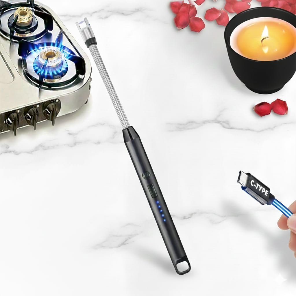 JOYUS Electric Rechargeable Arc Lighter for Kitchen | USB Type-C Charging, Flameless & Windproof Plasma Ignition | 360° Flexible Neck for Gas Stove, Candles, Pooja, BBQ, Camping | Safety Lock