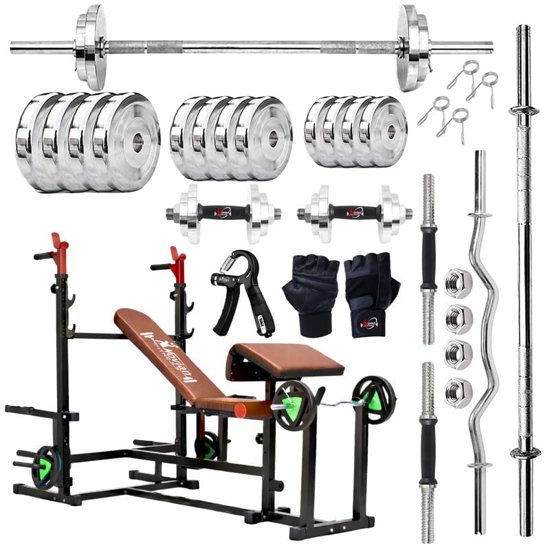 TITAN-X 8-in-1 Preacher Curl Adjustable Home Gym Bench Set with 70KG Steel Weight Plates, 5FT Straight Barbell, 3FT EZ Curl Rod, Dumbbell Rods, Skipping Rope, Hand Gripper & Gloves-picture-31