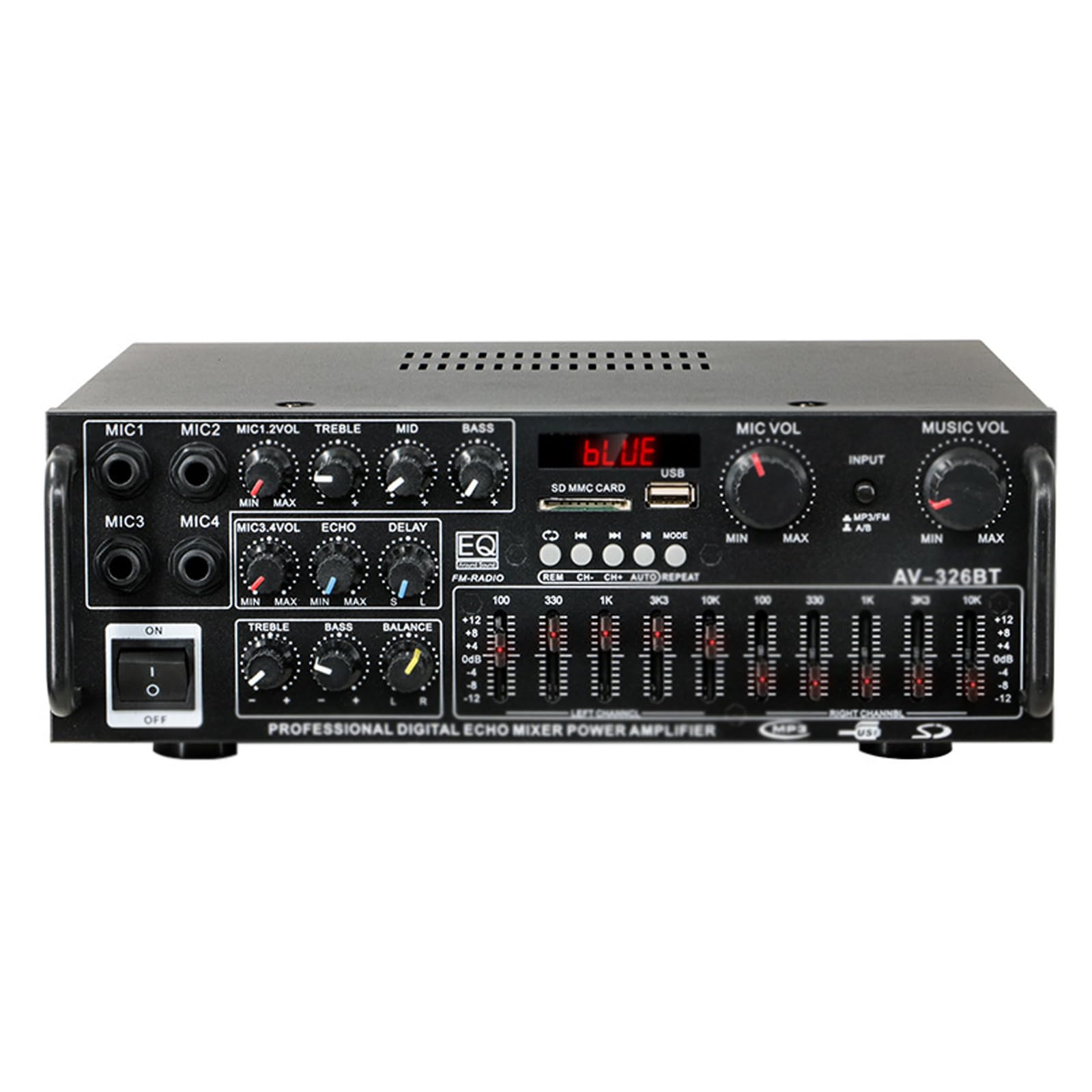 Amplificatore Audio Stereo, Ricevitore Equalizzatore con Telecomando e USB e 4 ingressi Microfono, Doppia Regolazione Equalizzatore a 5 Bande, per Home Theater, Audio per Auto, Karaoke, Feste