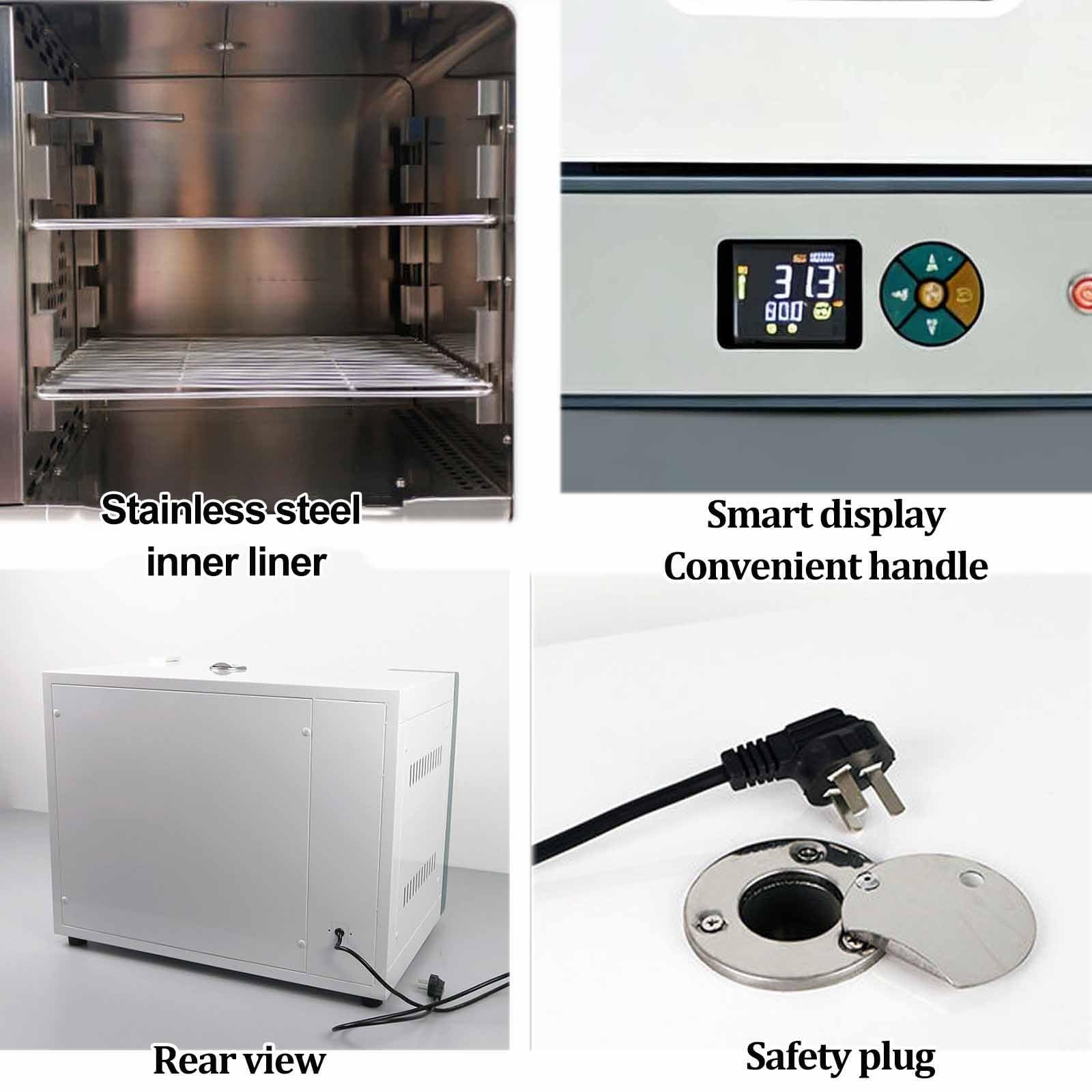 Forno elettrico a convezione forzata per laboratorio | 20 litri, 600 W, temperatura ambiente +10°C - 300°C, rivestimento interno a 2 livelli in acciaio inox, per uso industriale