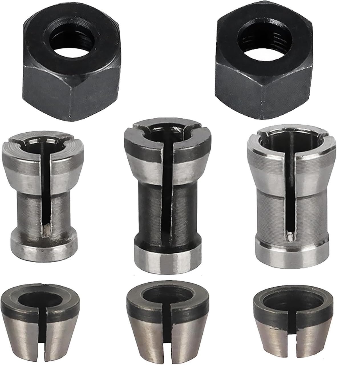 8 Piece Collets Set, Router Accessories for Einhell Katsu Bosch Dewalt, 6 Clamping Adapters (6 mm, 6.35 mm, 8 mm) + 2 Nuts for Engraving Machine, Precision Collets for Engraving & Woodworking