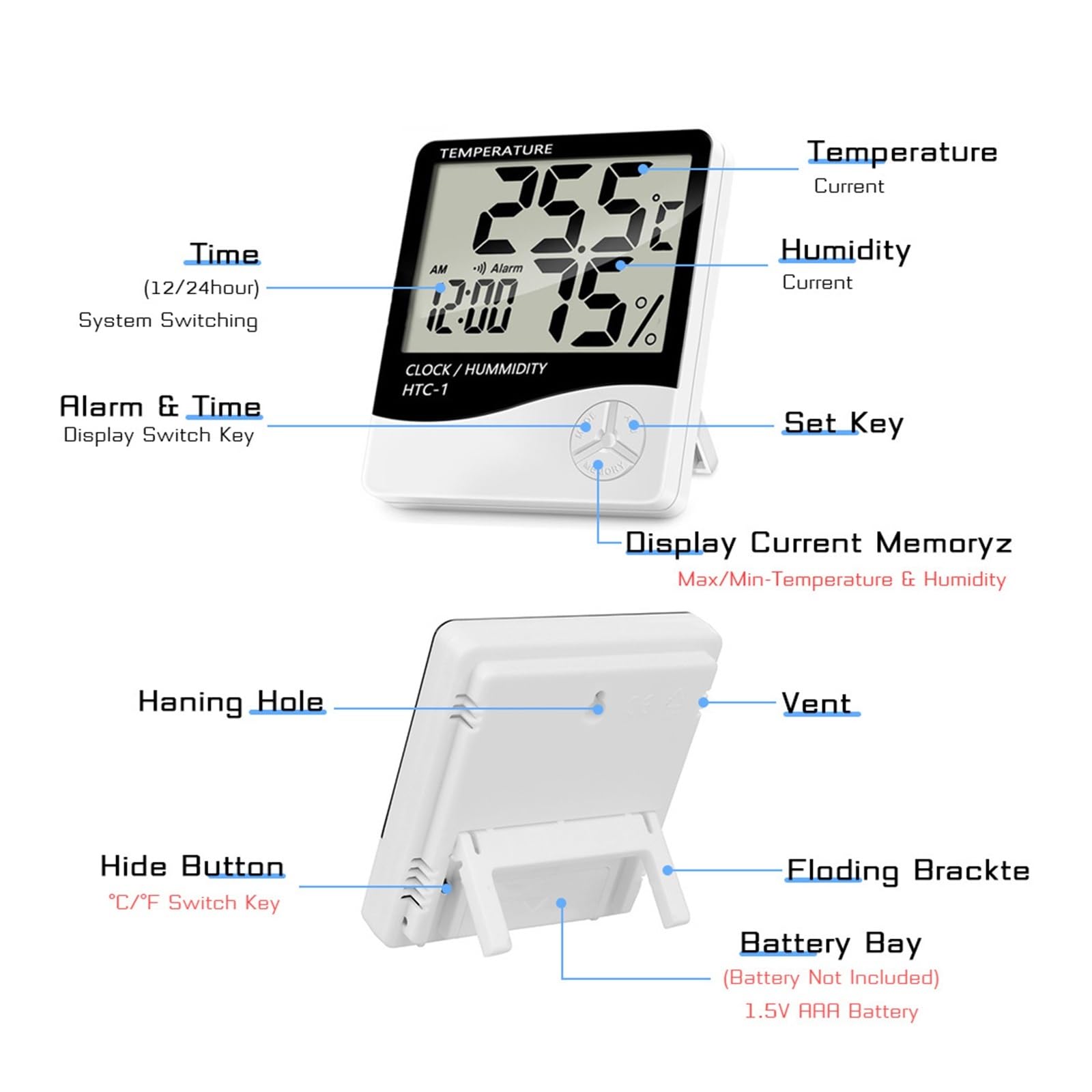 LCD elektroniczny cyfrowy czujnik temperatury miernik wilgotności podświetlenie termometr higrometr miernik wewnętrzna stacja pogodowa zegar,