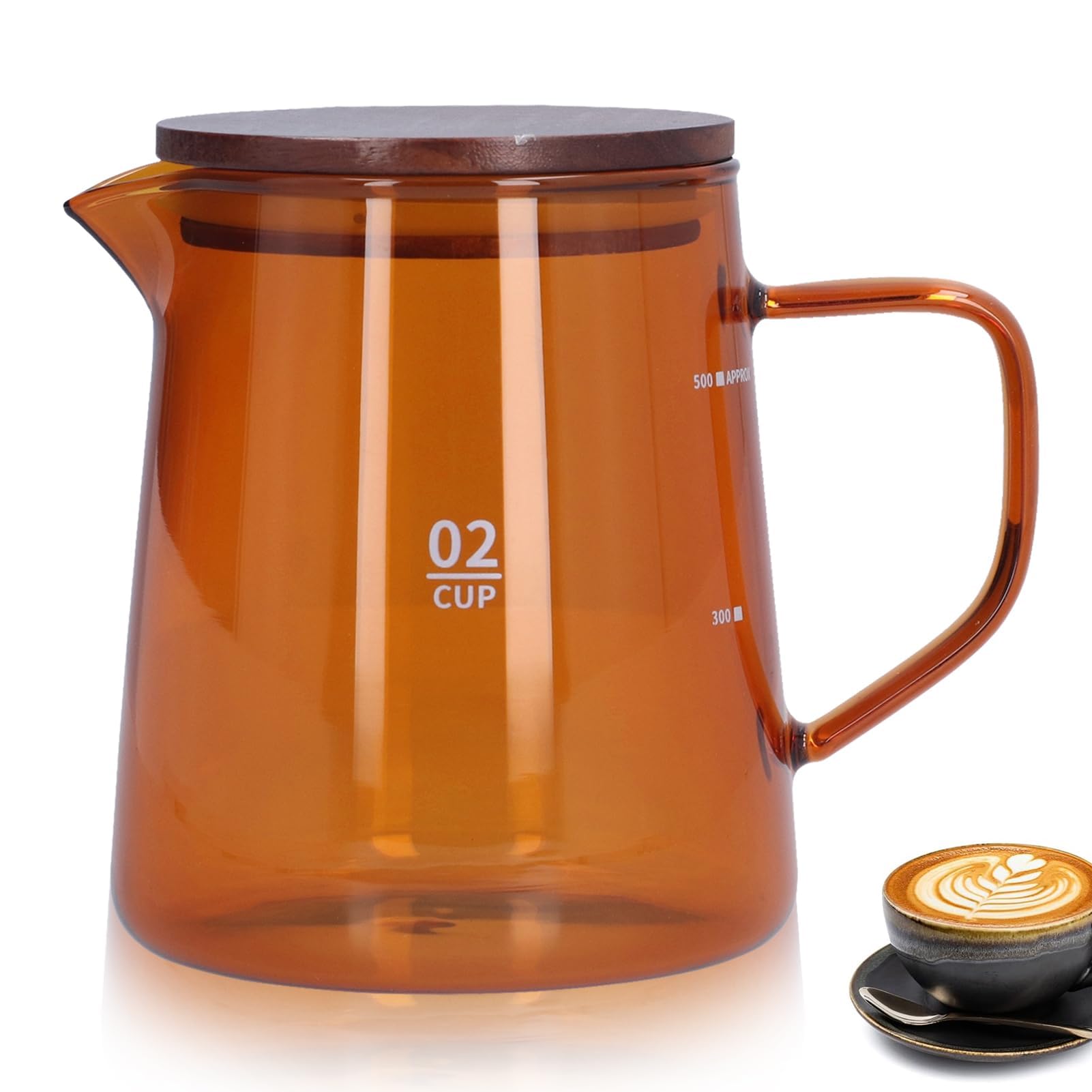 Jarra Café Cristal 500ml – Cafetera Vertido Sobre Vidrio Borosilicato Con Tapa Madera Y Marcas