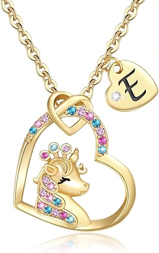 Chunyee Unicorn Gifts for Girls, Colorful CZ Heart Unicorn Necklaces Initial Nec