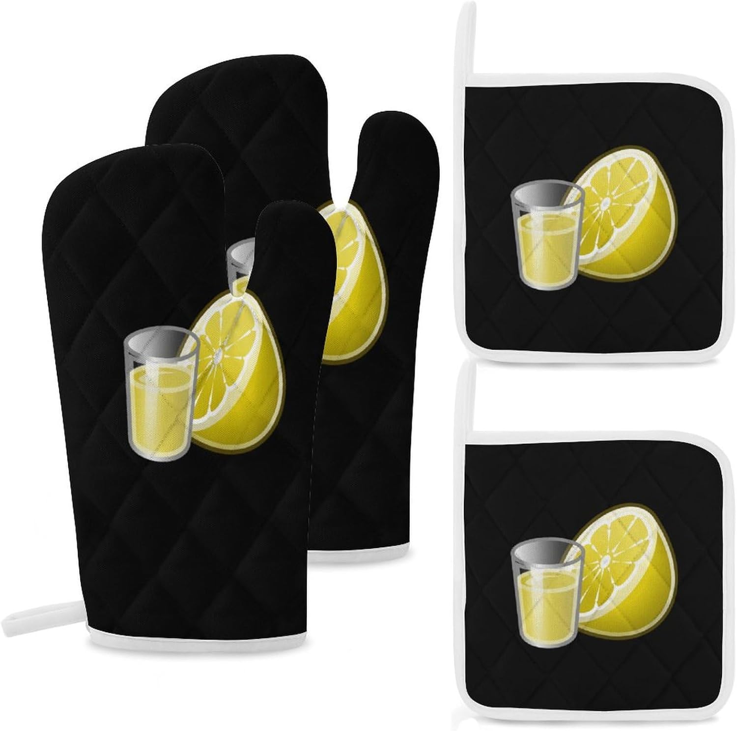 Lemon Water Oven Mitts and Pot Holders 4Pcs Set Heat Resistant Cooking Mitts Hot Pads